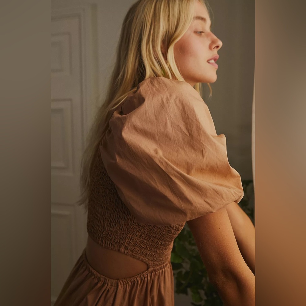 Anthropologie Faithfull the Brand Bloom Smock Midi Dress Hazelnut - Size 10/XL - Picture 4 of 11